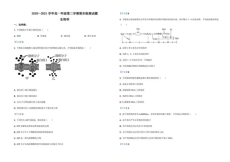 高一下学期生物期末考试试题（PDF版 含答案）01
