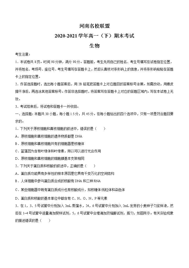 河南省名校联盟2020-2021学年高一下学期期末考试生物试题（含答案）01