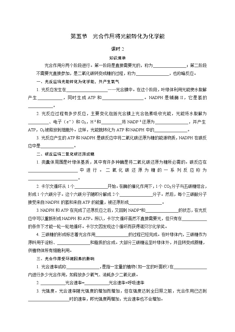 3.5.2 光合作用将光能转化为化学能2 随堂作业【新教材】浙科版（2019）高中生物必修一 试卷练习01