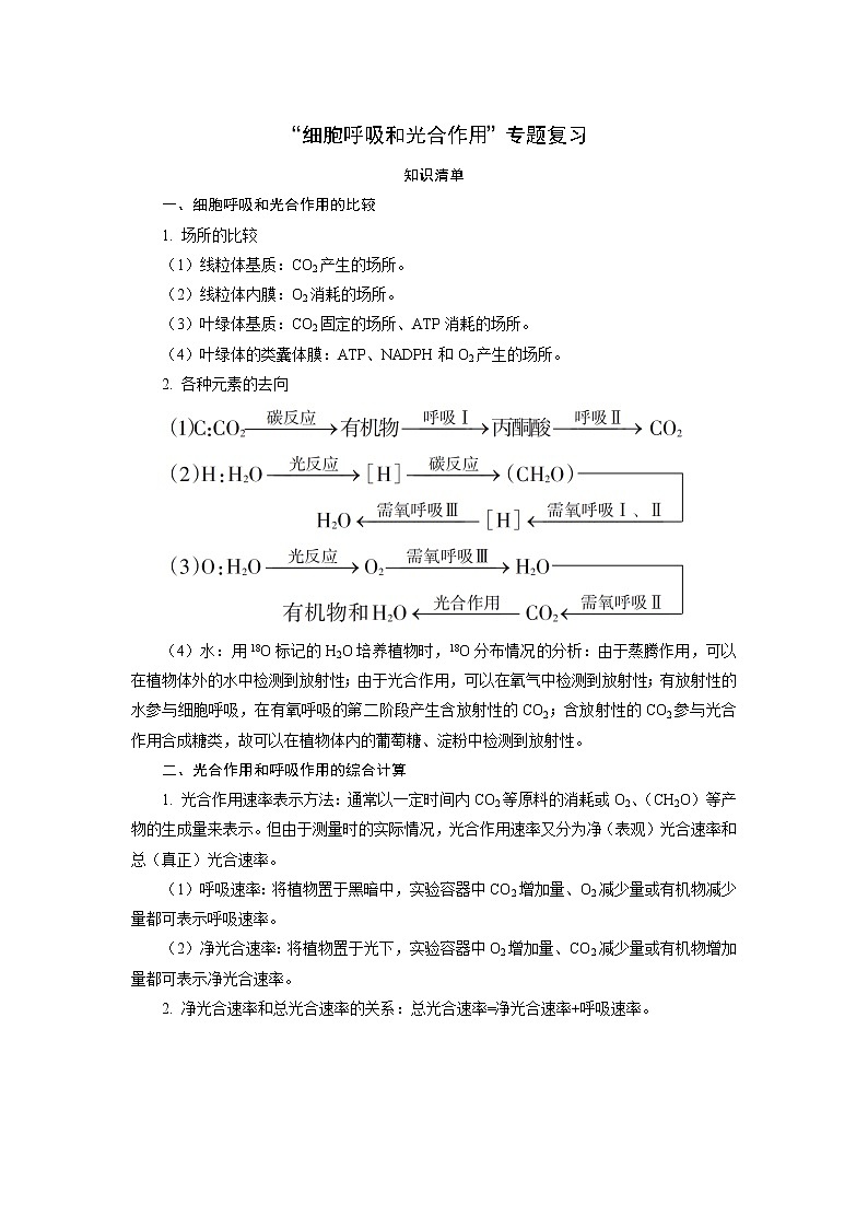 3“细胞呼吸和光合作用”专题复习 随堂作业 【新教材】浙科版（2019）高中生物必修一01