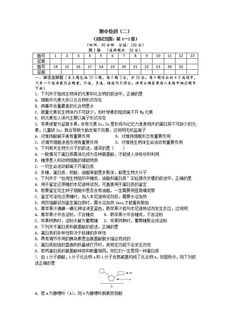 期末备考 期中检测（二） 单元检测【新教材】浙科版（2019）高中生物必修一01