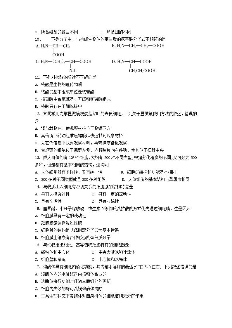 期末备考 期中检测（一） 单元检测【新教材】浙科版（2019）高中生物必修一02