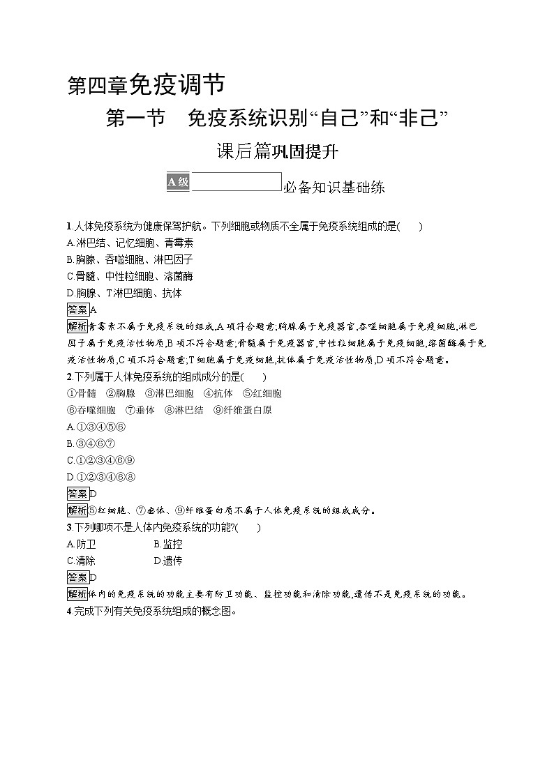 第四章第一节　免疫系统识别“自己”和“非己” 课后习题 —【新教材】浙科版（2019）高中生物选择性必修101