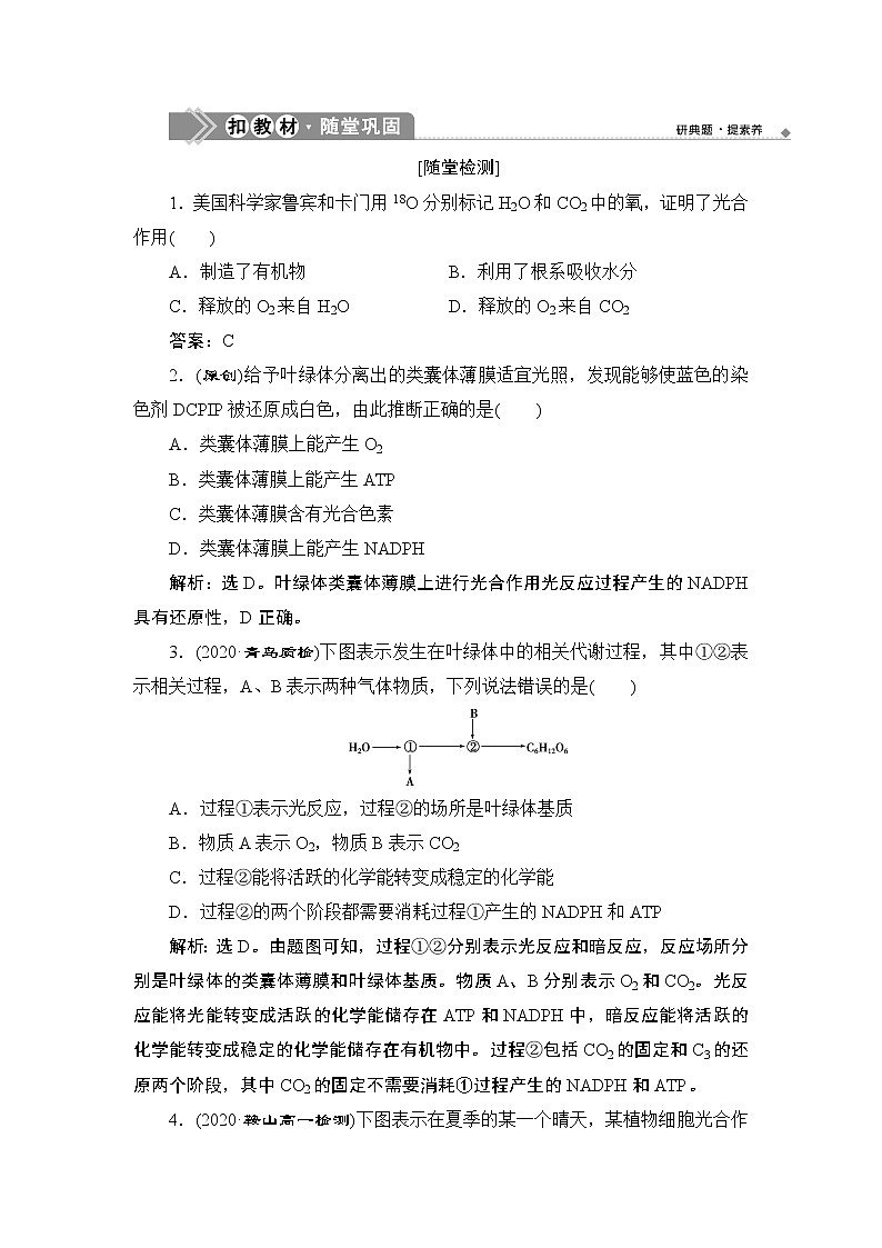 第5章第4节　二　第1课时　光合作用的原理--（新教材）2021年人教版（2019）高中生物必修1同步练习第1页