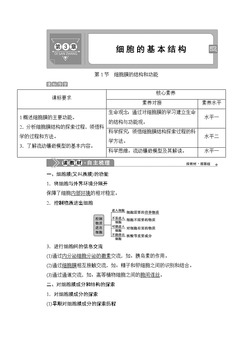 第3章第1节　细胞膜的结构和功能--（新教材）2021年人教版（2019）高中生物必修1同步学案01