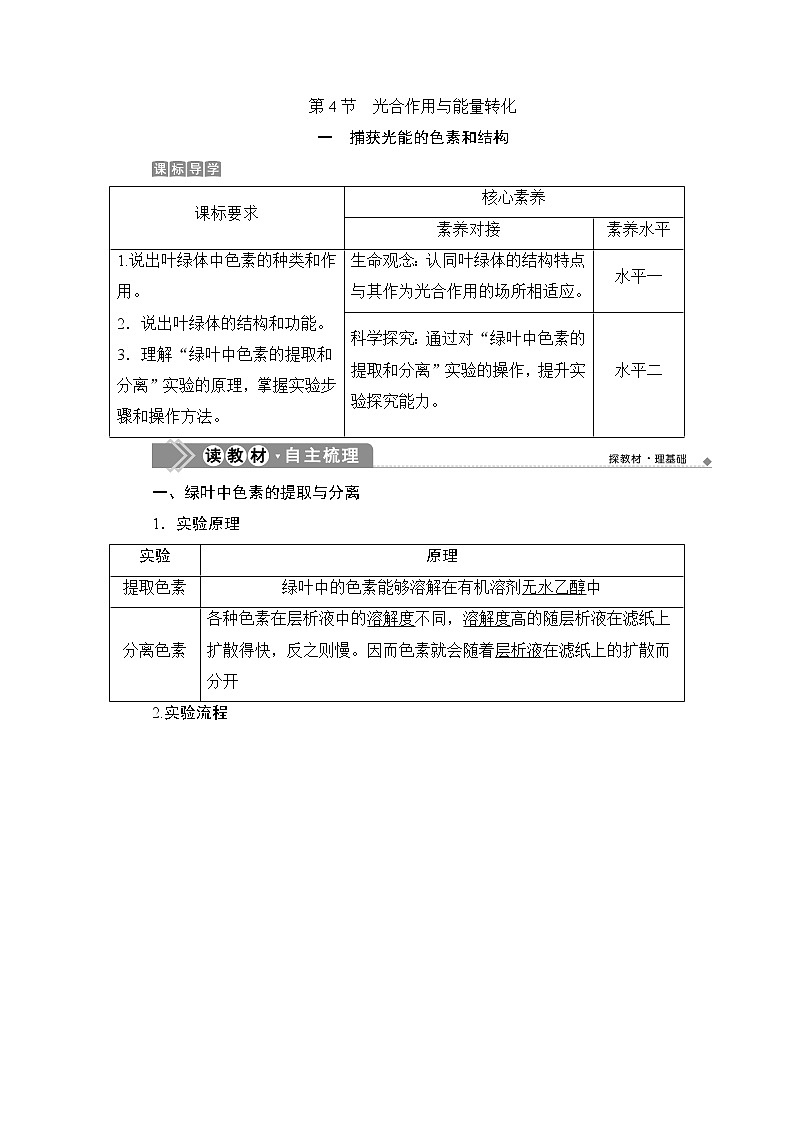 第5章第4节　一　捕获光能的色素和结构--（新教材）2021年人教版（2019）高中生物必修1同步学案01
