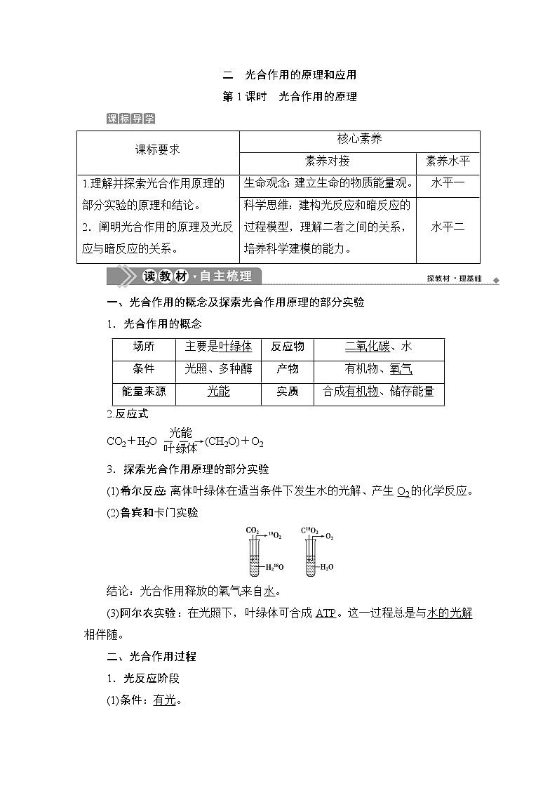 第5章第4节　二　第1课时　光合作用的原理--（新教材）2021年人教版（2019）高中生物必修1同步学案01
