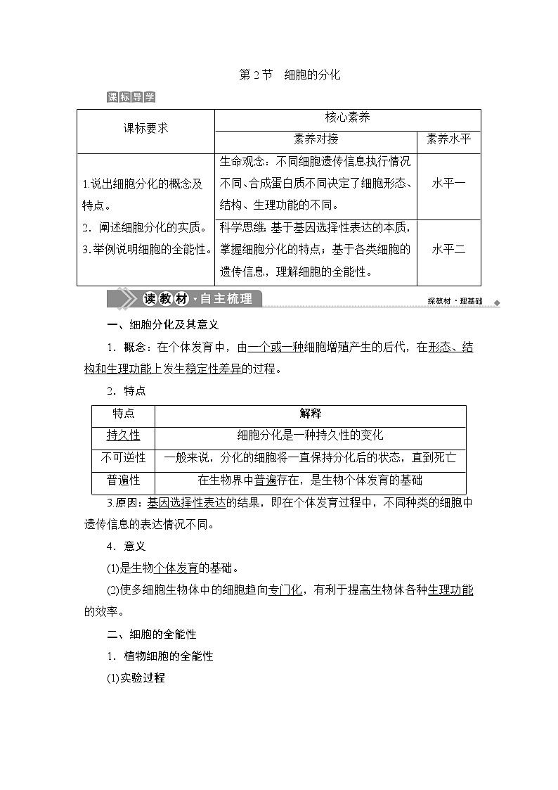 第6章第2节　细胞的分化--（新教材）2021年人教版（2019）高中生物必修1同步学案01