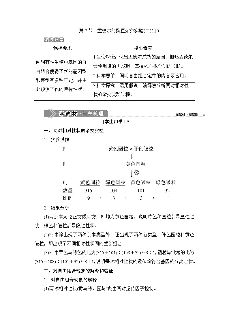 第1章第2节　孟德尔的豌豆杂交实验(二)(Ⅰ)--（新教材）2021年人教版（2019）高中生物必修2同步学案+同步练习第1页