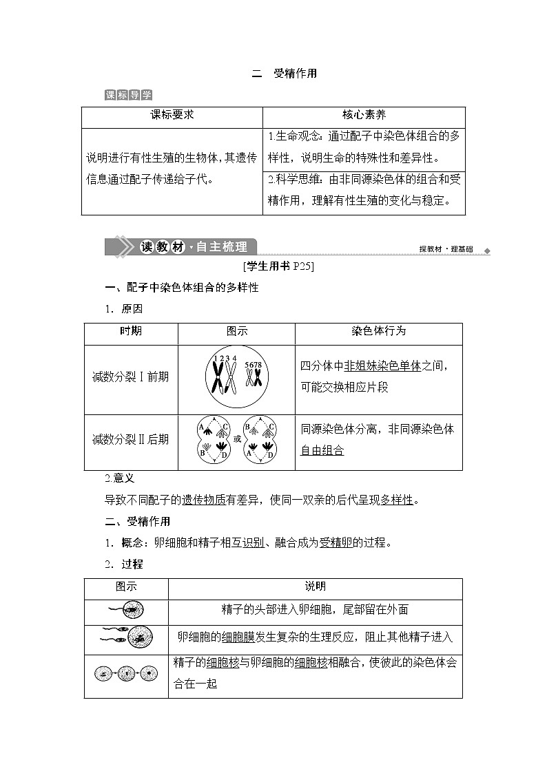 第2章第1节   二　受精作用--（新教材）2021年人教版（2019）高中生物必修2同步学案+同步练习第1页