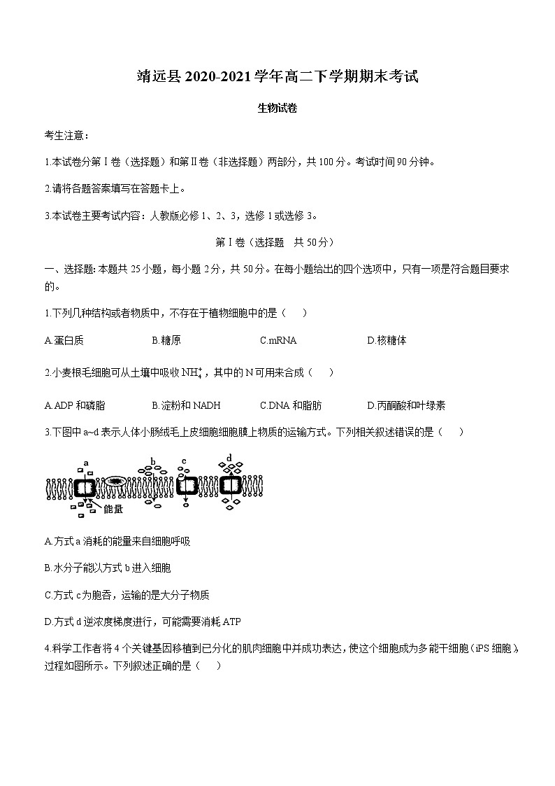 甘肃省靖远县2020-2021学年高二下学期期末考试生物试题 Word版含答案第1页