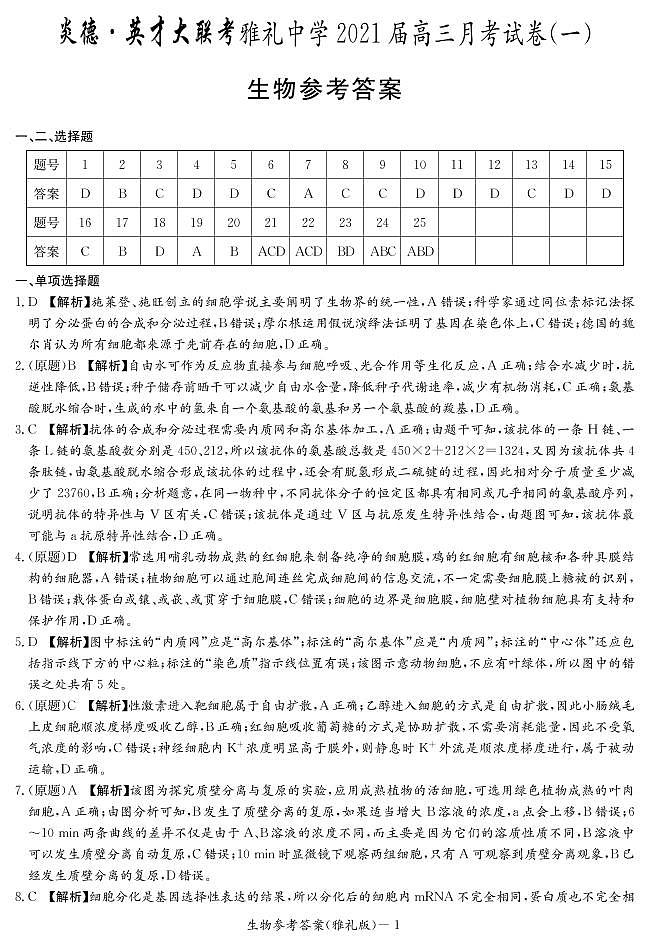 2021届湖南省雅礼中学高三月考试卷（一） 生物 PDF版01