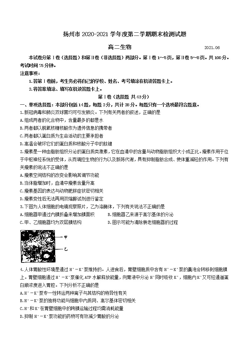 江苏省扬州市2020-2021学年高二下学期期末质量检测生物试题 Word版含答案01