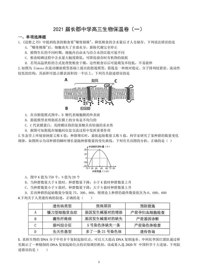 2021届湖南省长郡中学高三生物高考考前保温试卷（一模） PDF版01