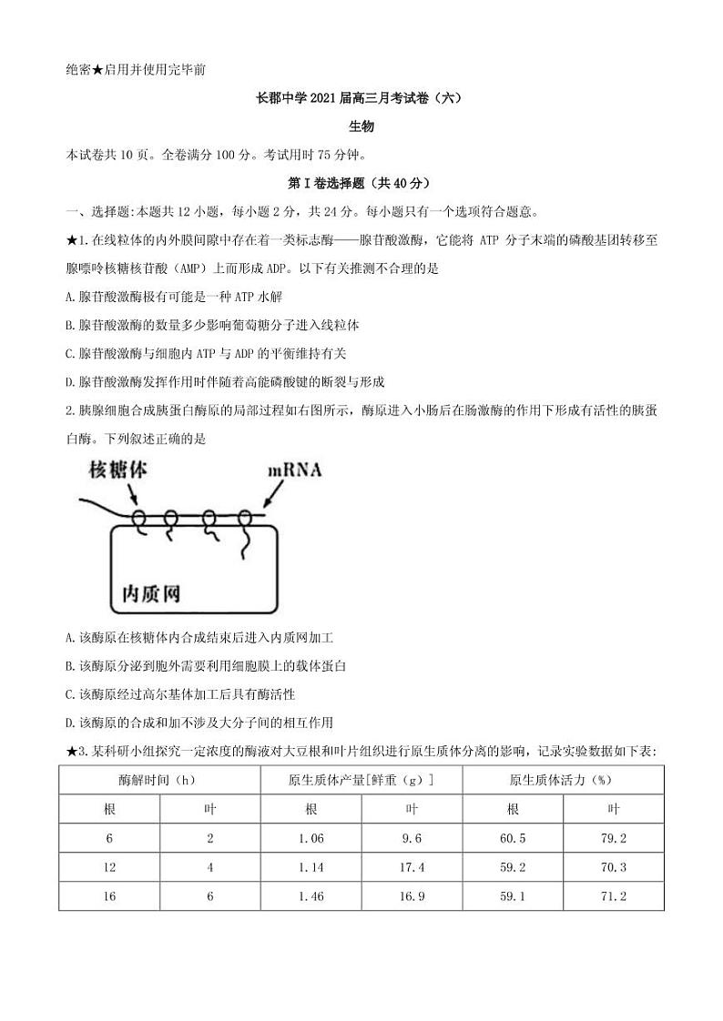 2021届湖南省长郡中学高三下学期月考试卷（六）生物试题 PDF版第1页