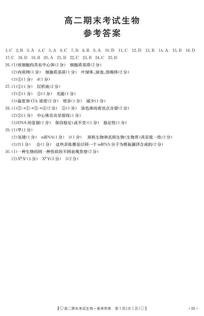 2019-2020学年甘肃省酒泉市高二上学期期末考试生物试题 PDF版01