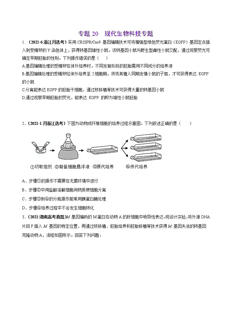 专题20现代生物科技专题-三年（2019-2021）高考生物真题分项汇编（原卷版）01