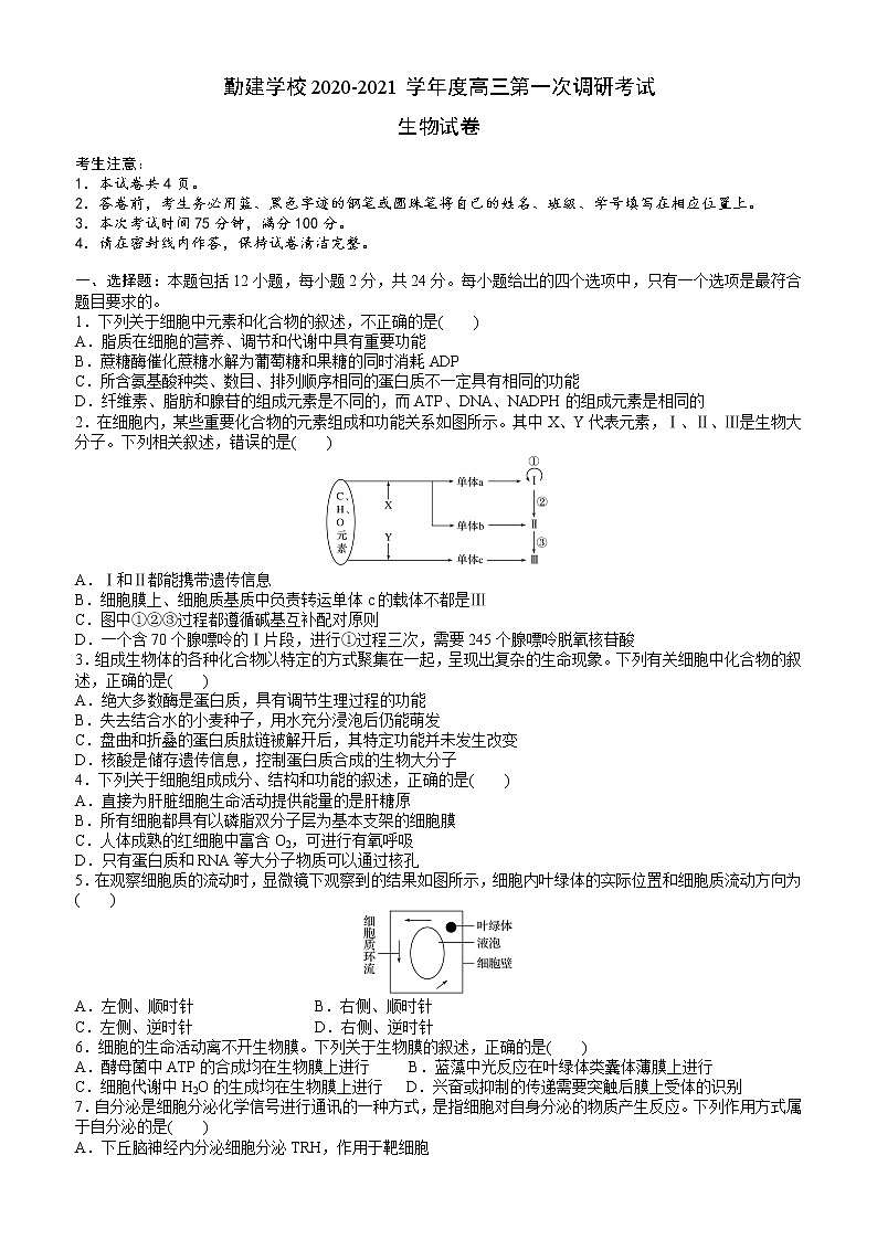 广东省普宁市勤建学校2021届高三上学期第一次调研考试生物试题+Word版含答案01