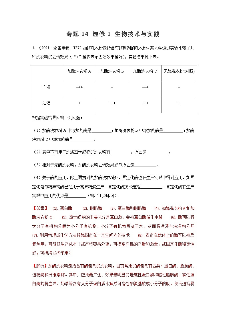2021年高考真题和模拟题分类汇编+生物+专题14+选修1+生物技术与实践+Word版含解析第1页