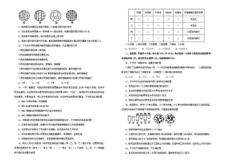 2021年新教材高中生物第一章走近细胞双基训练金卷二新人教版必修1分子与细胞02