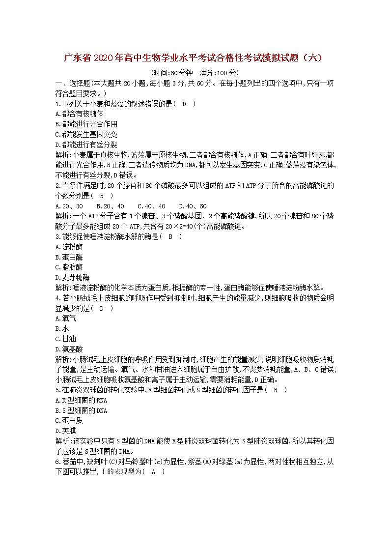 广东省2020年高中生物学业水平考试合格性考试模拟试题六第1页