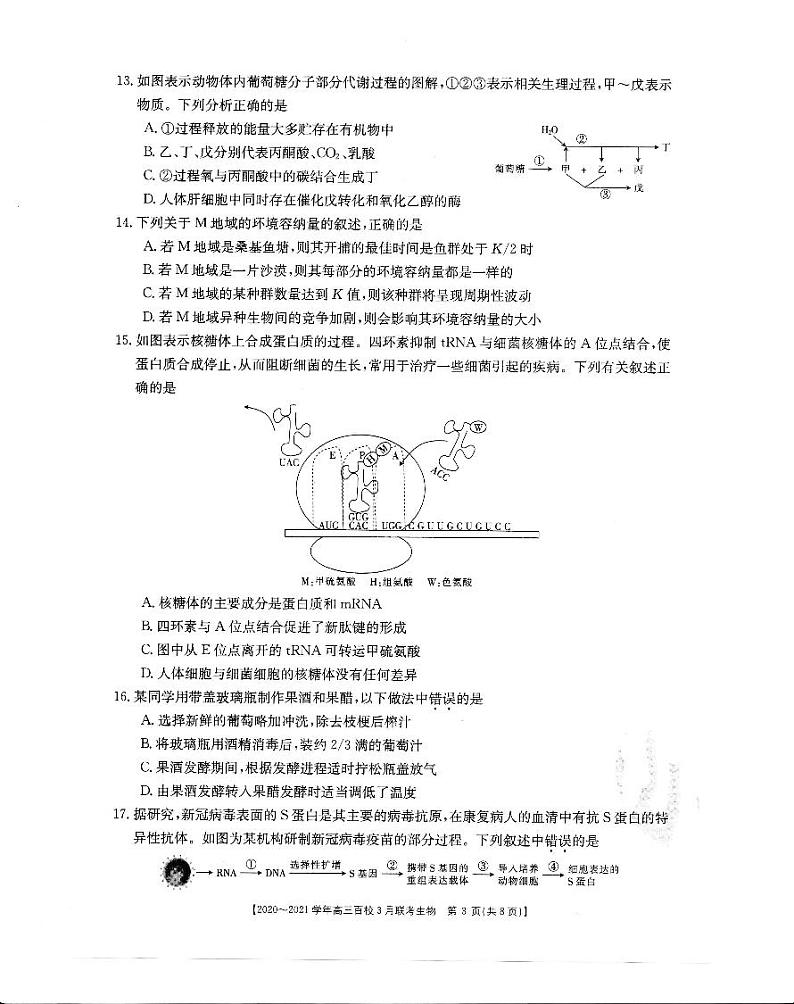 2021届浙江省百校高三下学期3月模拟联考生物试题 PDF版03