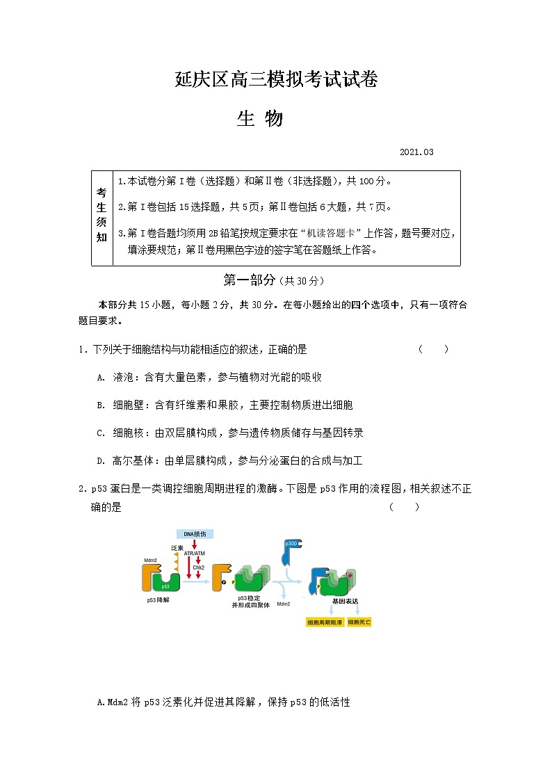 北京市延庆区2021届高三第一次模拟考试生物试题+Word版含答案01