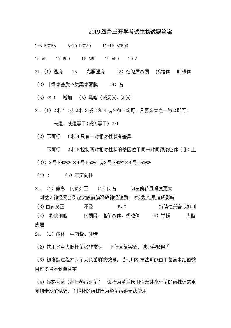 2022届山东省师范大学附属中学高三上学期开学考试生物试题 PDF版01