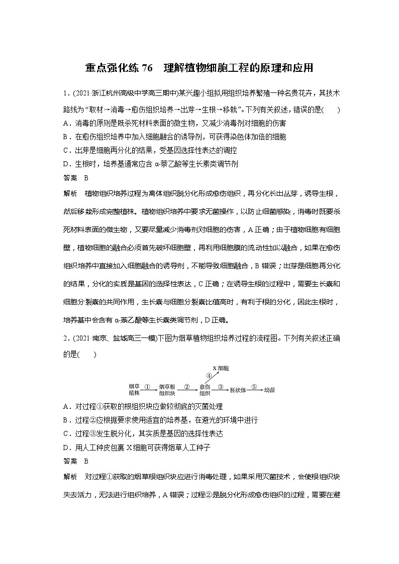 2022届高考生物一轮复习专题训练76　理解植物细胞工程的原理和应用（解析版）第1页