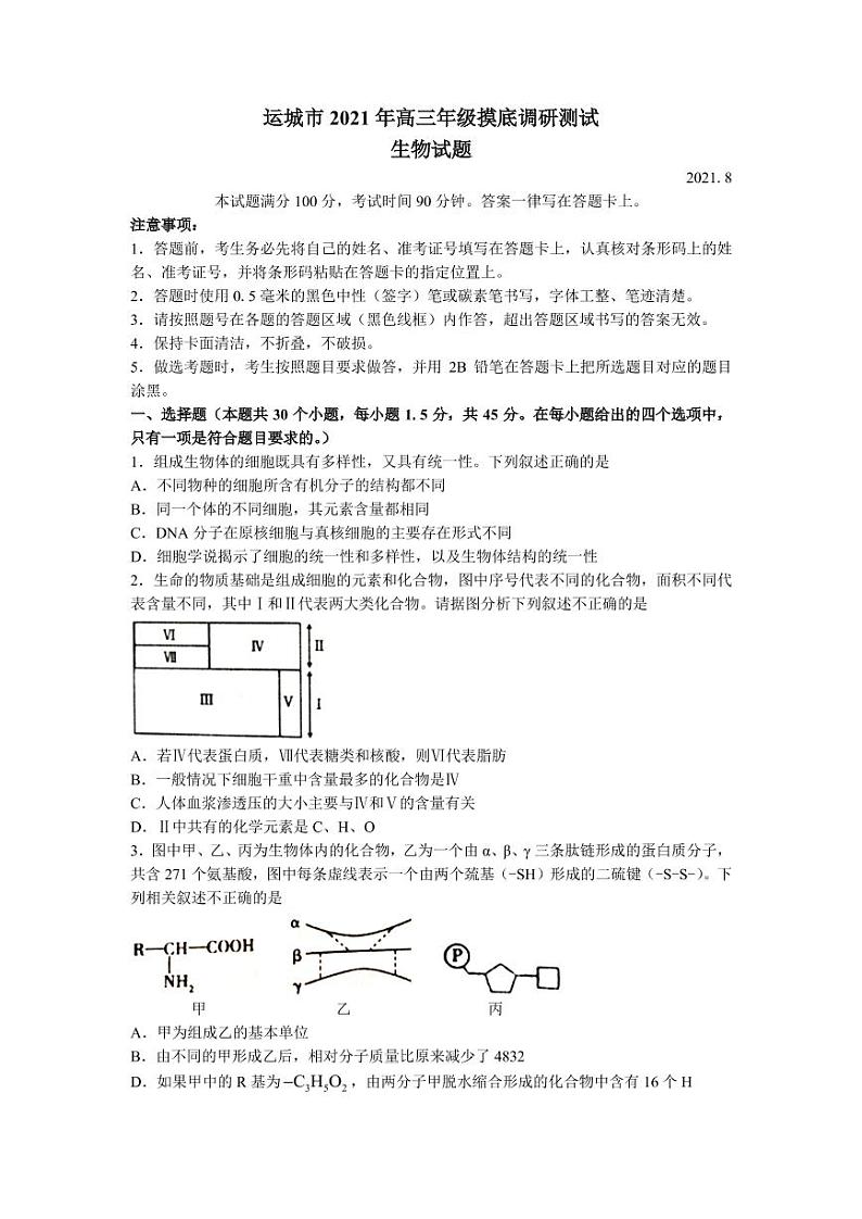 2022届山西省运城市高三上学期入学摸底测试生物试题（PDF版）01