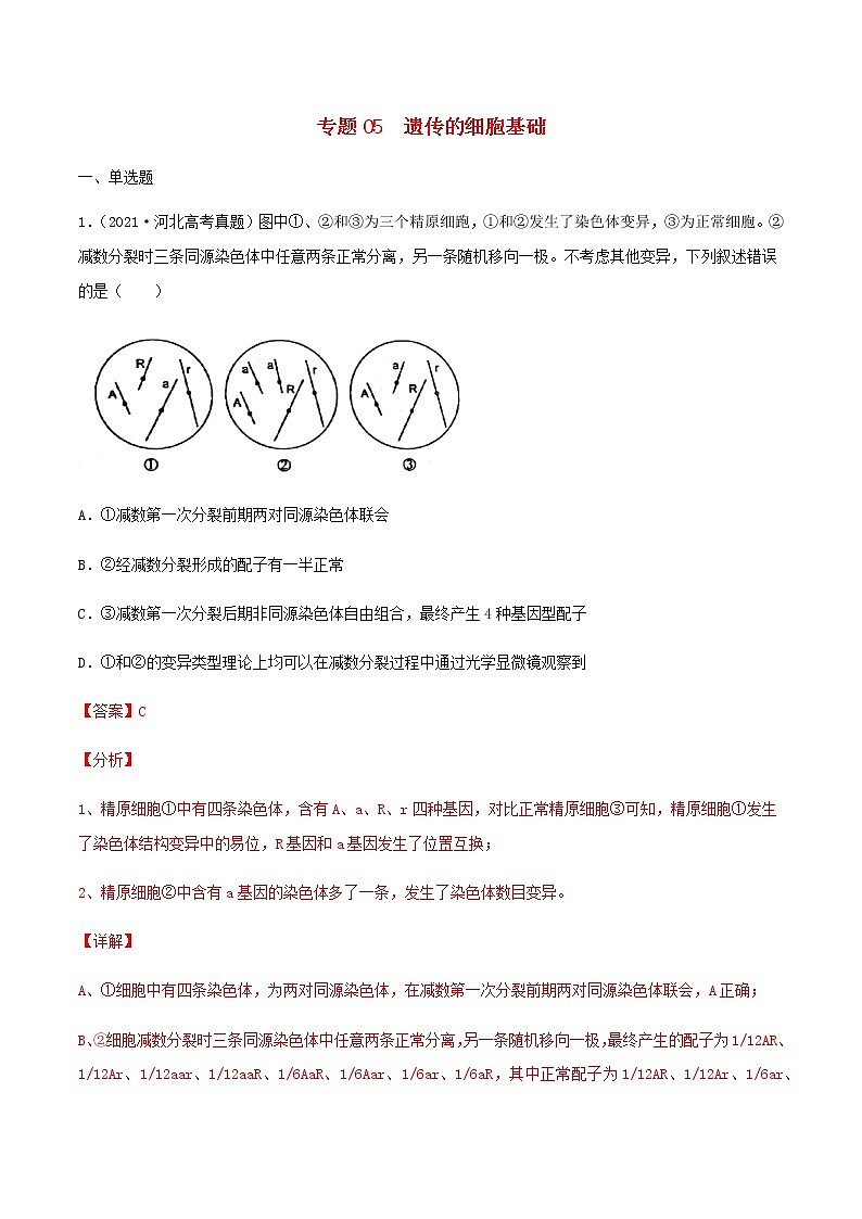 近三年高考生物真题及模拟题分类汇编05遗传的细胞基础含解析第1页
