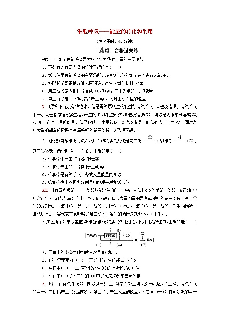 高中生物第三章细胞中能量的转换和利用第3节细胞呼吸__能量的转化和利用课后练习含解析苏教版必修101
