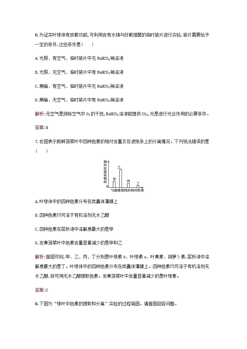 高中生物第5章细胞的能量供应和利用第4节第1课时捕获光能的色素和结构习题含解析新人教版必修1第3页