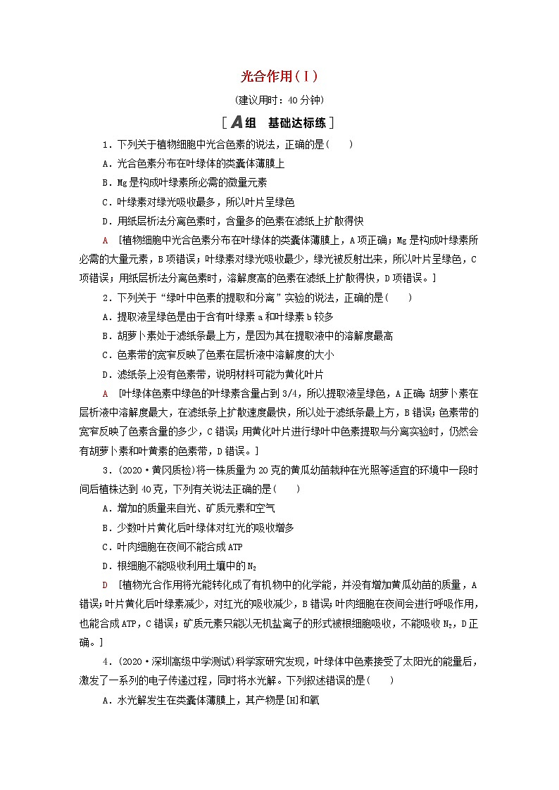 2022届高考生物一轮复习课后限时集训10光合作用Ⅰ含解析新人教版 试卷01