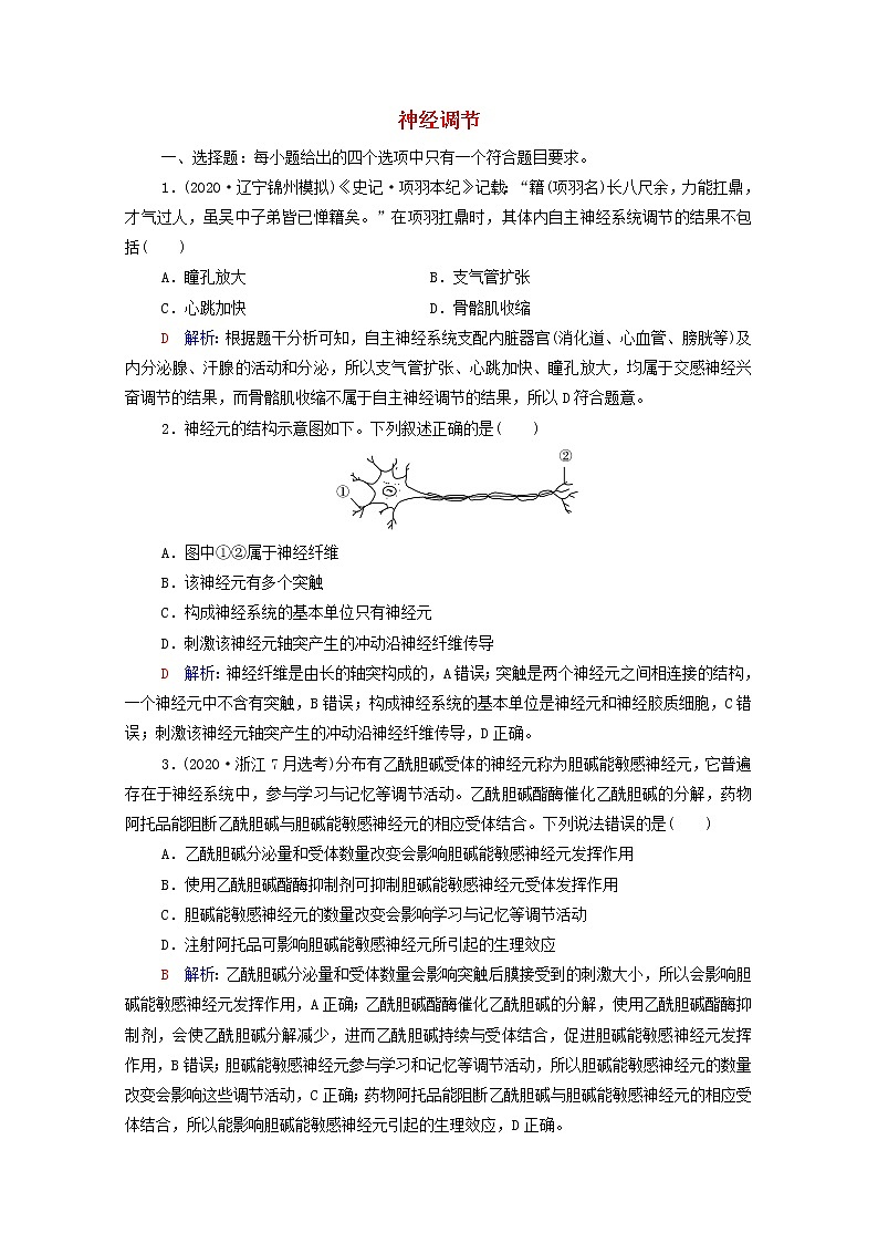 2022版高考生物一轮复习课时评价23神经调节含解析新人教版 试卷01