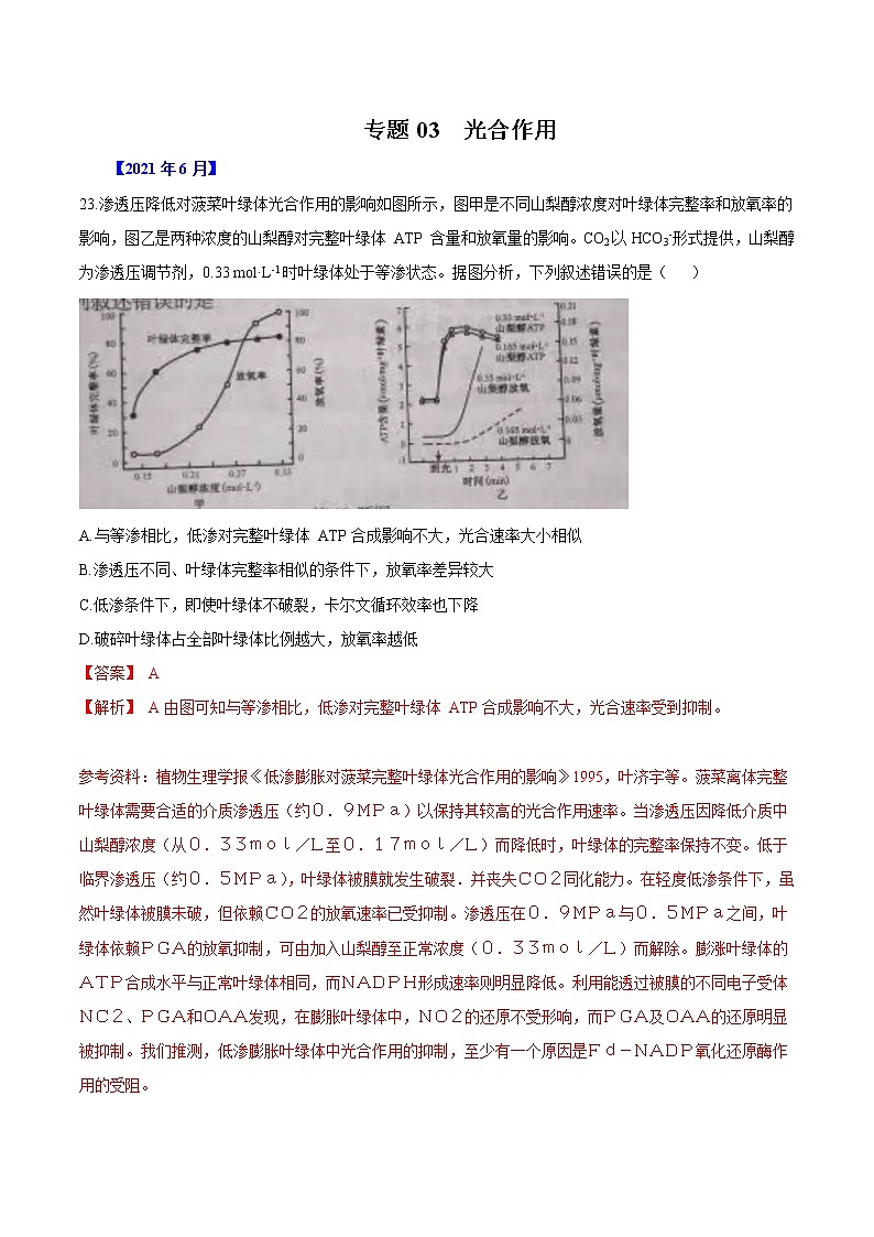 专题03 光合作用-五年（2017-2021）高考生物真题分项汇编（浙江专用）（解析版）第1页