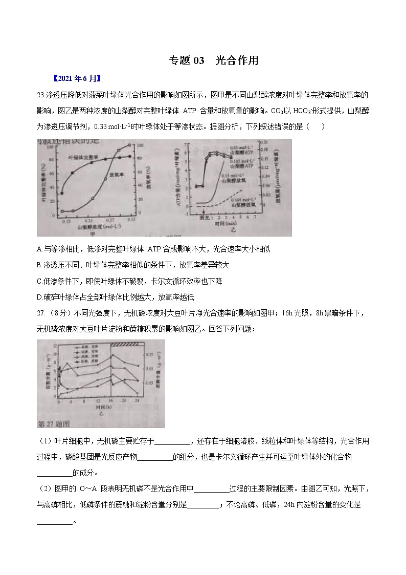 专题03 光合作用-五年（2017-2021）高考生物真题分项汇编（浙江专用）（原卷版）第1页