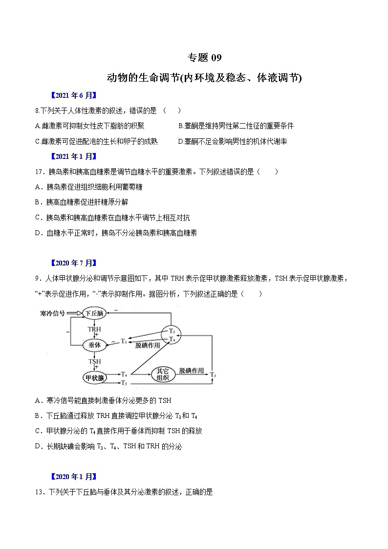 专题09 动物生命活动的调节-五年（2017-2021）高考生物真题分项汇编（浙江专用）（原卷版）第1页