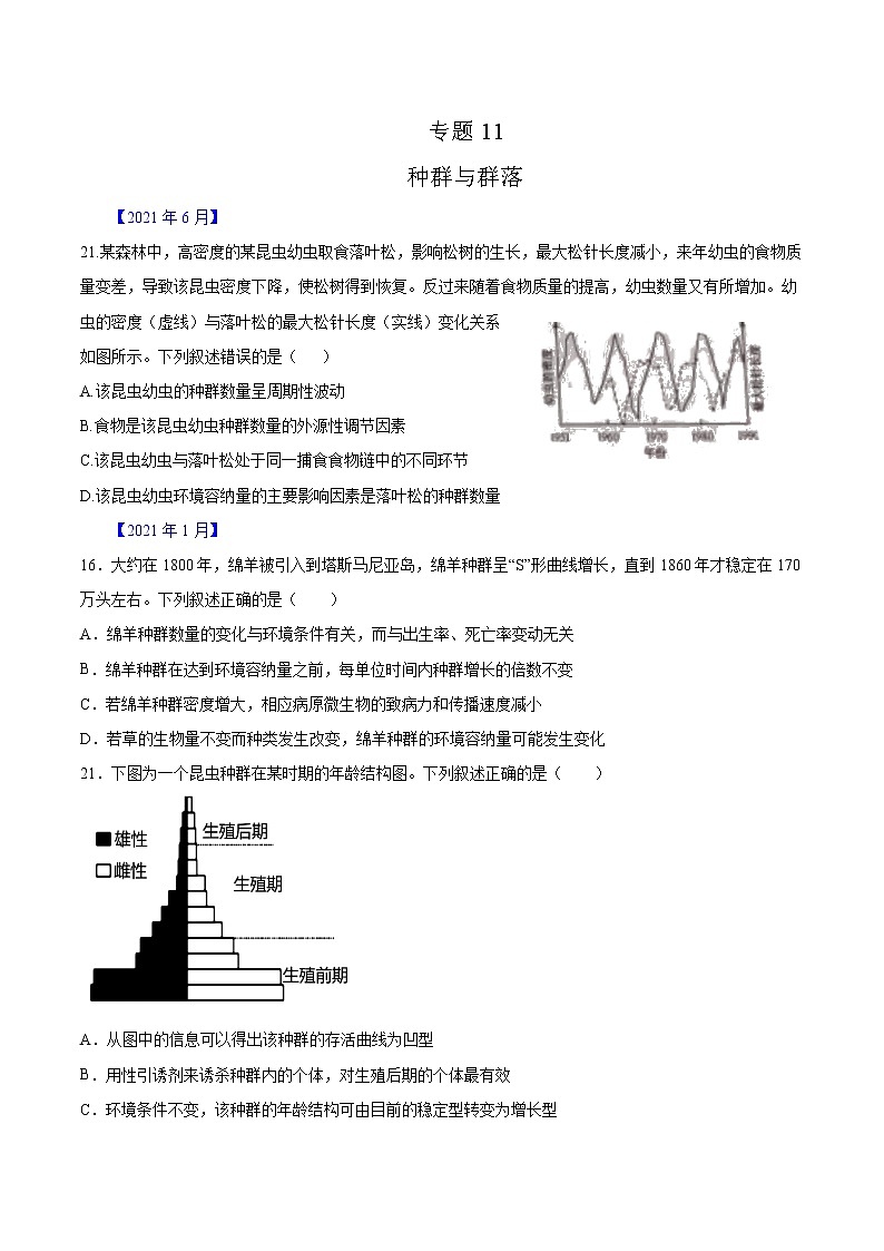 专题11 种群、群落和生态系统-五年（2017-2021）高考生物真题分项汇编（浙江专用）（原卷版）第1页
