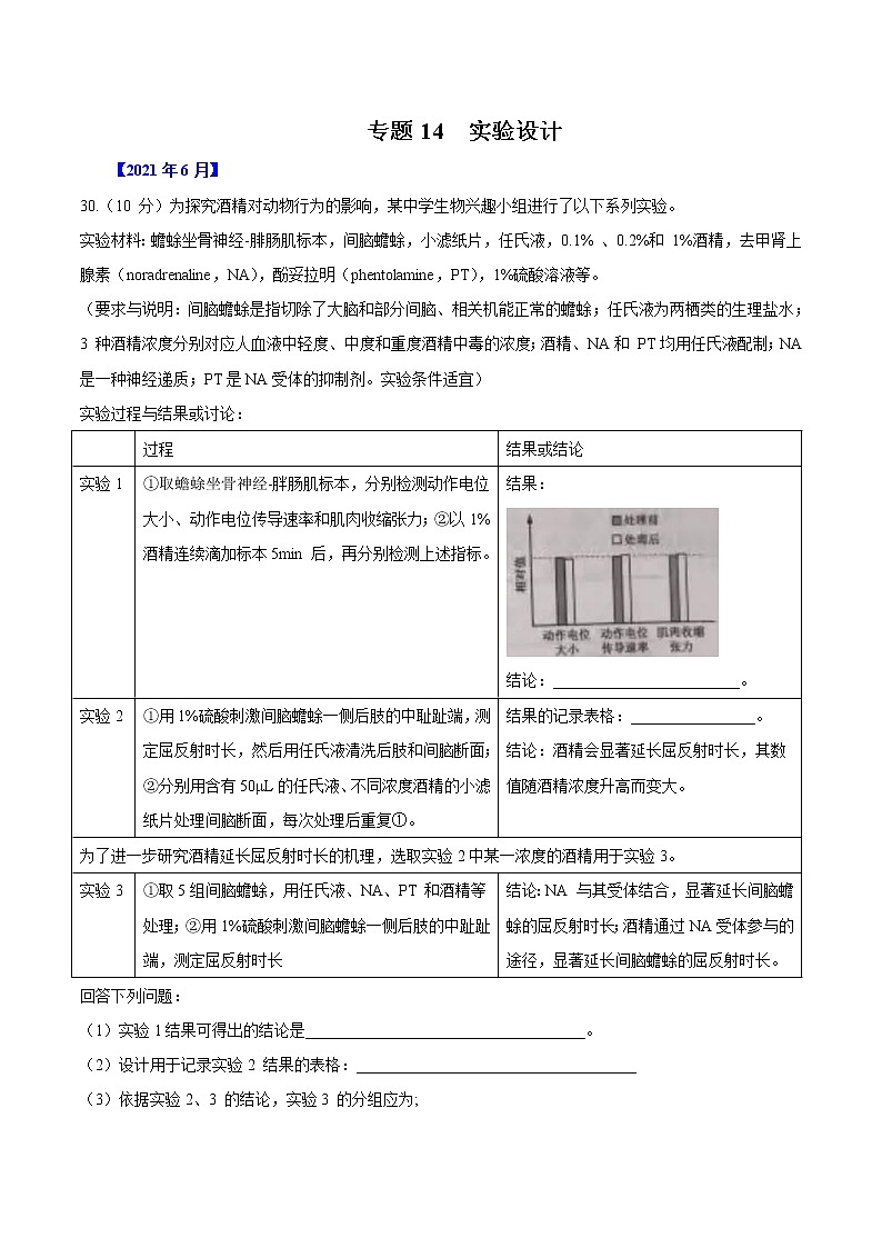 专题14 实验设计-五年（2017-2021）高考生物真题分项汇编（浙江专用）（原卷版）第1页