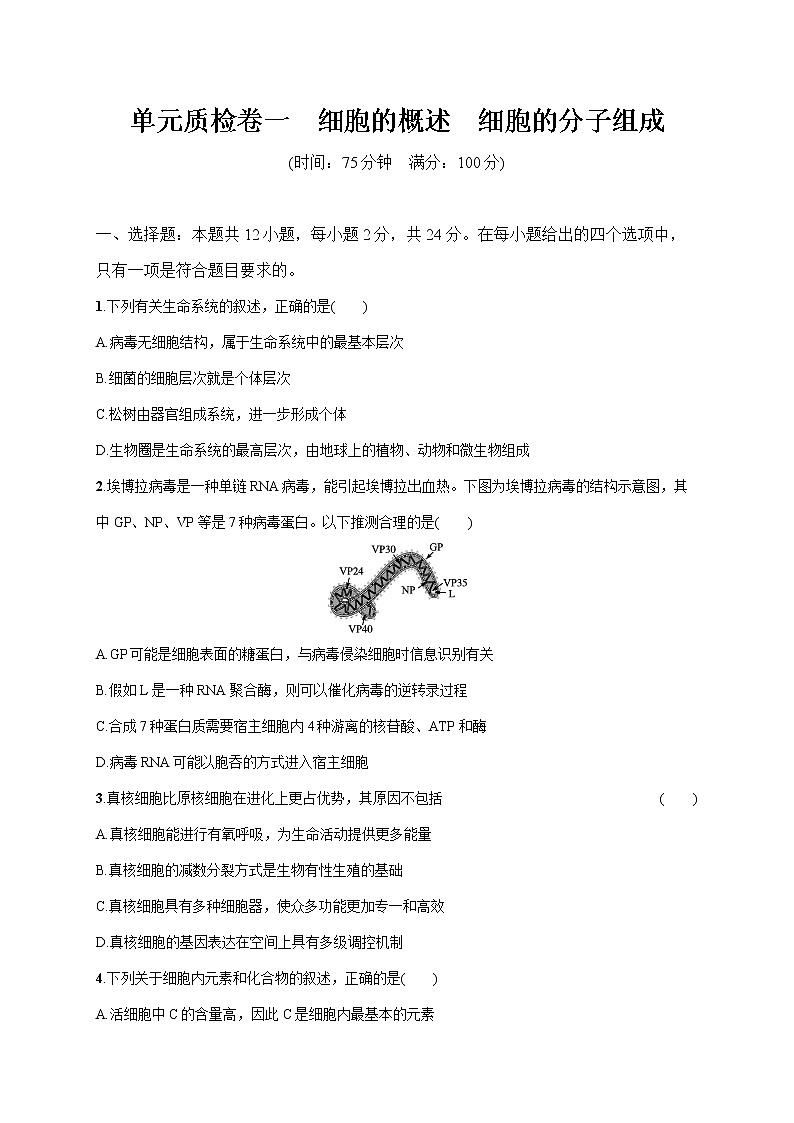 2022届高考生物一轮总复习  单元质检卷一　细胞的概述　细胞的分子组成第1页