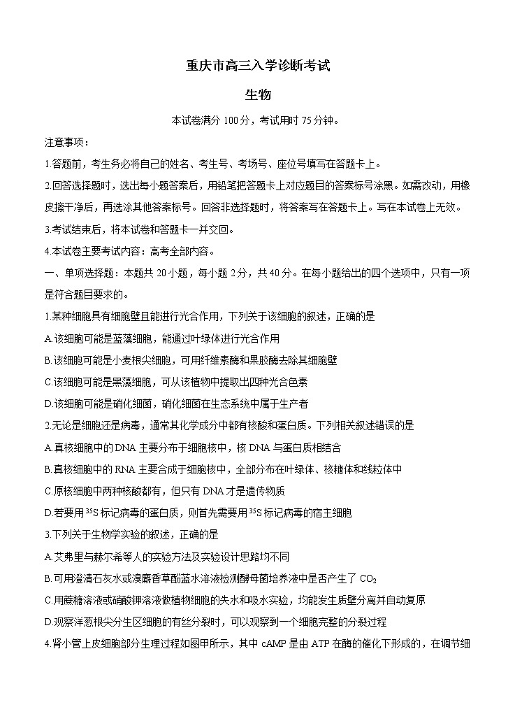 重庆市2022届高三上学期9月入学诊断 生物 (含答案) 练习题01