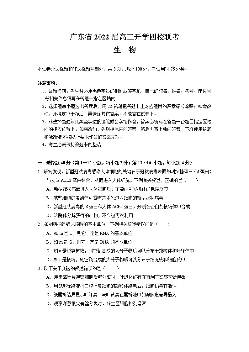 广东省四校2022届高三上学期开学联考生物试题Word版含答案第1页