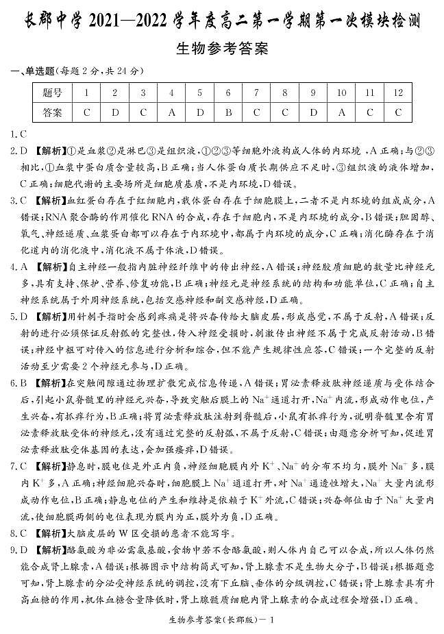 湖南省长郡中学2021-2022学年度高二上学期第一次模块检测生物试题（有答案）.zip01
