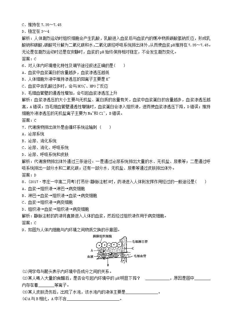 高中生物第一章人体的内环境与稳态第节细胞生活的环境优化练习新人教版高二必修第2页