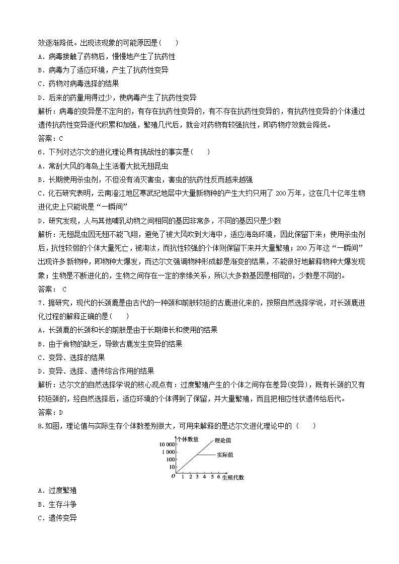 高中生物第七章现代生物进化理论第节现代生物进化理论的由来优化练习新人教版高一必修02