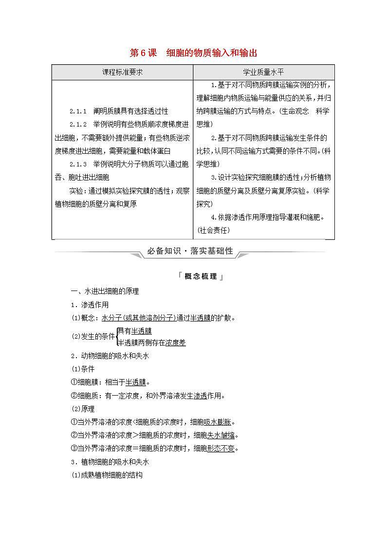 2022版高考生物一轮复习第2单元细胞的基本结构与物质运输第6课细胞的物质输入和输出学案新人教版第1页
