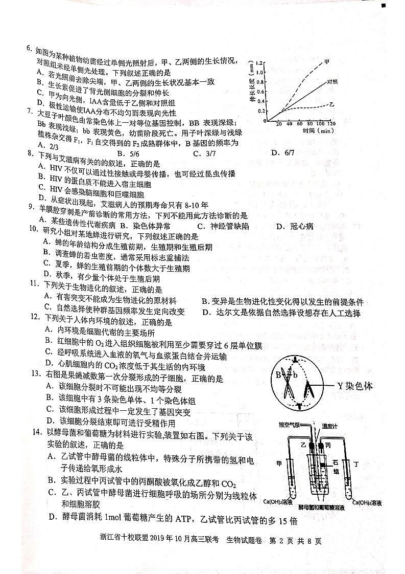 2020届浙江省十校联盟高三10月联考生物试题 PDF版02