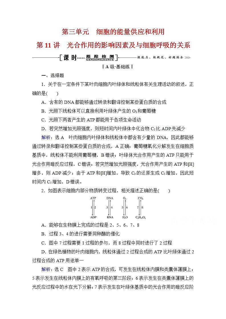 2022高三统考生物人教版一轮参考跟踪练：第3单元　第11讲 光合作用的影响因素及与细胞呼吸的关系第1页