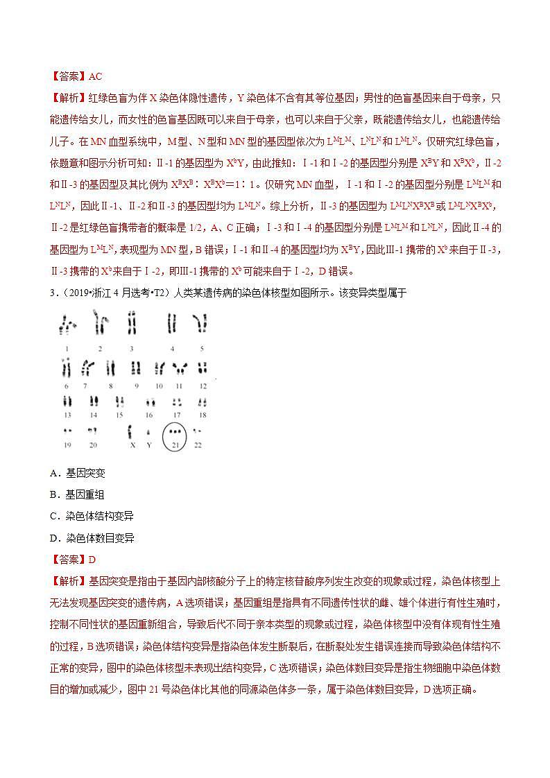 十年高考真题分类汇编(2010-2019)  生物 人教版新课标专题08 人类遗传病与伴性遗传  Word版含解斩02